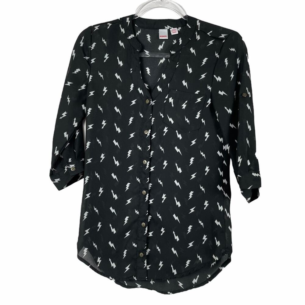 Bongo Black & White Lightning Bolt Print Sheer 3/4 Roll-Tab Sleeves Top - XS
